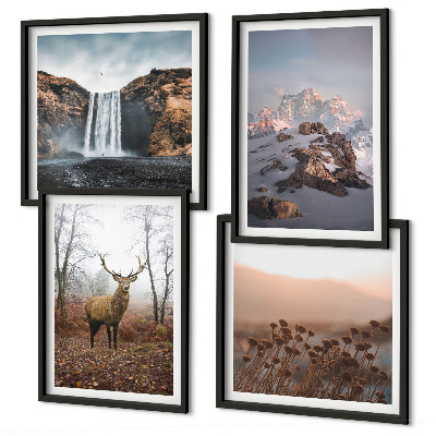 Ensemble de 4 tableaux Paysages sauvages, montagnes, cerfs