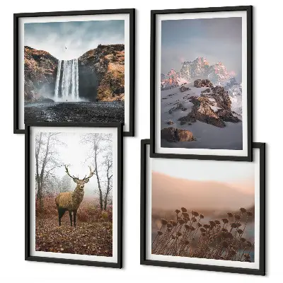 Ensemble de 4 tableaux représentant des paysages sauvages avec des montagnes et des cerfs