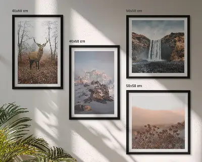 Ensemble de 4 tableaux représentant des paysages sauvages avec des montagnes et des cerfs