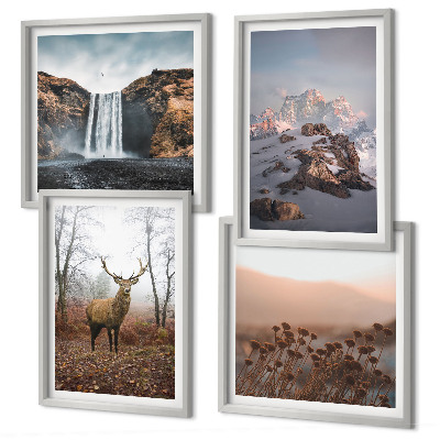 Ensemble de 4 tableaux Paysages sauvages, montagnes, cerfs