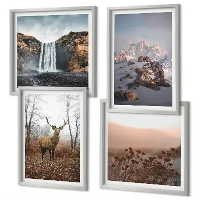 Ensemble de 4 tableaux représentant des paysages sauvages avec des montagnes et des cerfs