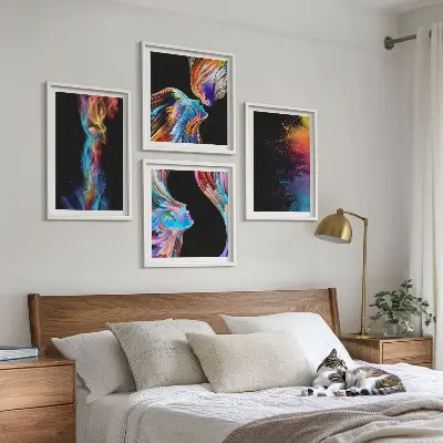 Ensemble de 4 tableaux représentant des abstractions colorées de visages et de formes