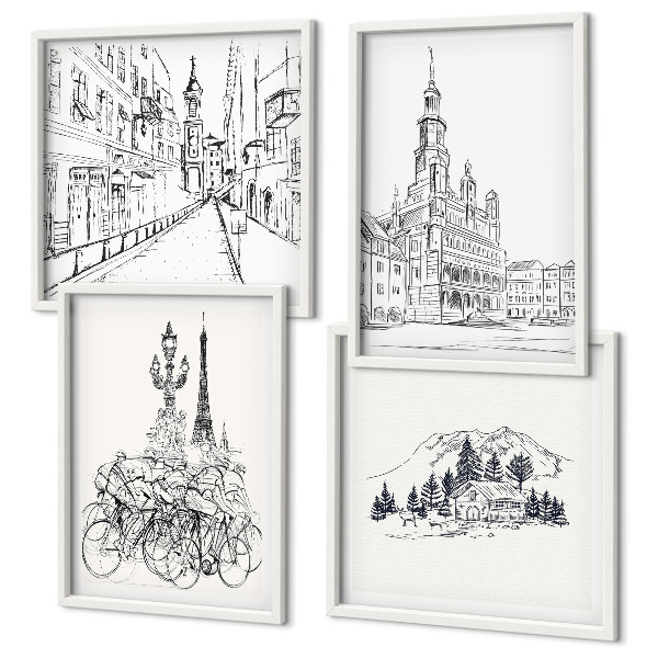 Ensemble de 4 tableaux Dessins simples de vues de la ville