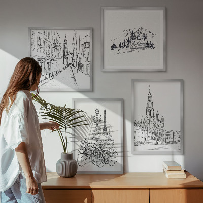 Ensemble de 4 tableaux Dessins simples de vues de la ville