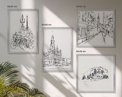 Ensemble de 4 tableaux Dessins simples de vues de la ville