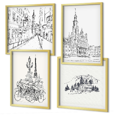 Ensemble de 4 tableaux Dessins simples de vues de la ville