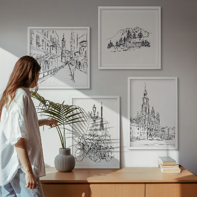 Ensemble de 4 tableaux Dessins simples de vues de la ville