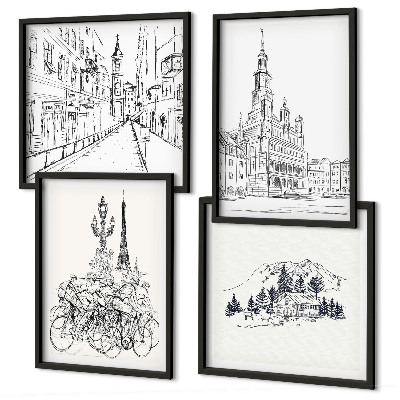 Ensemble de 4 tableaux Dessins simples de vues de la ville