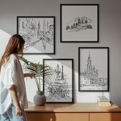 Ensemble de 4 tableaux Dessins simples de vues de la ville