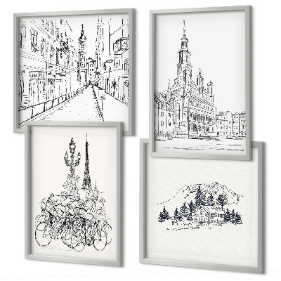 Ensemble de 4 tableaux Dessins simples de vues de la ville