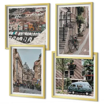 Mur de tableaux vues de la ville sur bâtiments