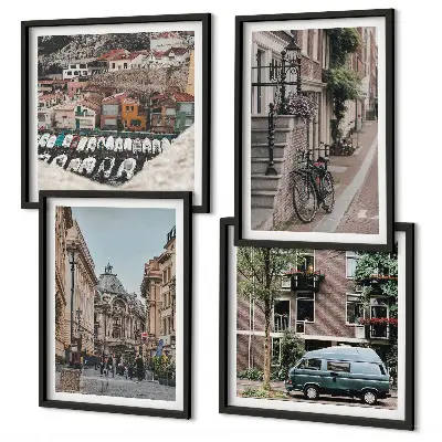 Mur de tableaux vues de la ville sur bâtiments