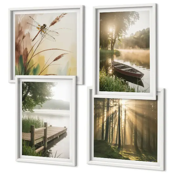 Ensemble de 4 tableaux représentant un lac, une forêt, un bateau et le brouillard matinal