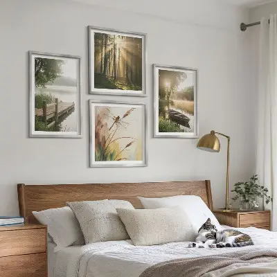 Ensemble de 4 tableaux représentant un lac, une forêt, un bateau et le brouillard matinal