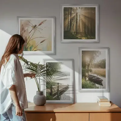 Ensemble de 4 tableaux représentant un lac, une forêt, un bateau et le brouillard matinal