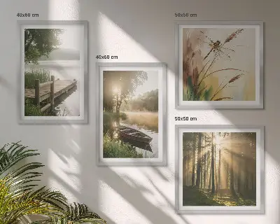 Ensemble de 4 tableaux représentant un lac, une forêt, un bateau et le brouillard matinal