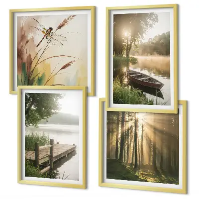 Ensemble de 4 tableaux représentant un lac, une forêt, un bateau et le brouillard matinal