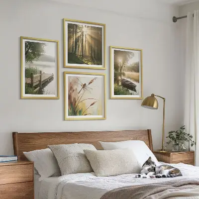 Ensemble de 4 tableaux représentant un lac, une forêt, un bateau et le brouillard matinal