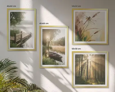Ensemble de 4 tableaux représentant un lac, une forêt, un bateau et le brouillard matinal