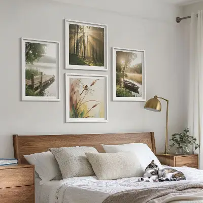 Ensemble de 4 tableaux représentant un lac, une forêt, un bateau et le brouillard matinal