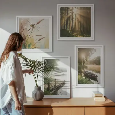 Ensemble de 4 tableaux représentant un lac, une forêt, un bateau et le brouillard matinal