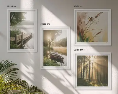 Ensemble de 4 tableaux représentant un lac, une forêt, un bateau et le brouillard matinal