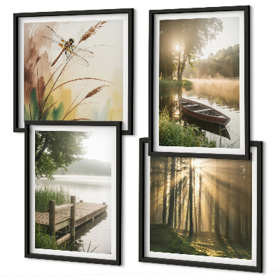 Ensemble de 4 tableaux Lac, forêt, bateau, brouillard matinal