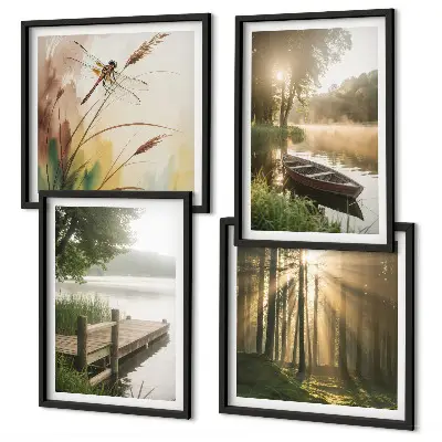 Ensemble de 4 tableaux représentant un lac, une forêt, un bateau et le brouillard matinal