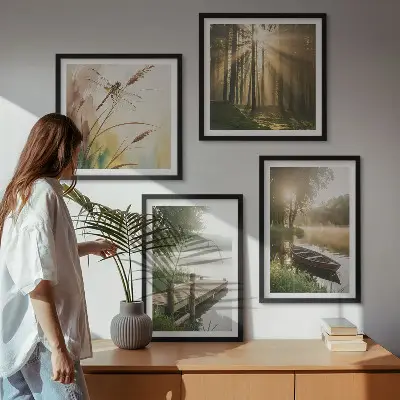 Ensemble de 4 tableaux représentant un lac, une forêt, un bateau et le brouillard matinal