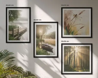 Ensemble de 4 tableaux représentant un lac, une forêt, un bateau et le brouillard matinal