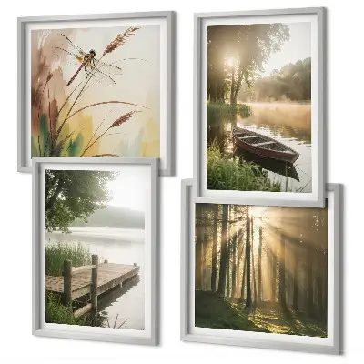 Ensemble de 4 tableaux représentant un lac, une forêt, un bateau et le brouillard matinal