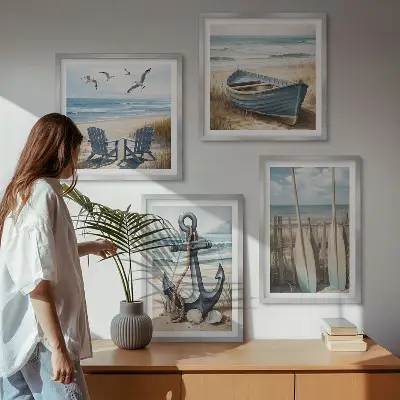 Tableau polyptyque 2 cadres représentant une ancre de bateau avec des rames sur la plage