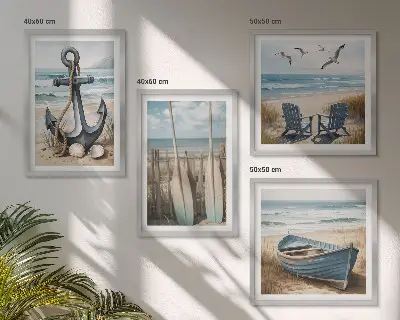 Tableau polyptyque 2 cadres représentant une ancre de bateau avec des rames sur la plage
