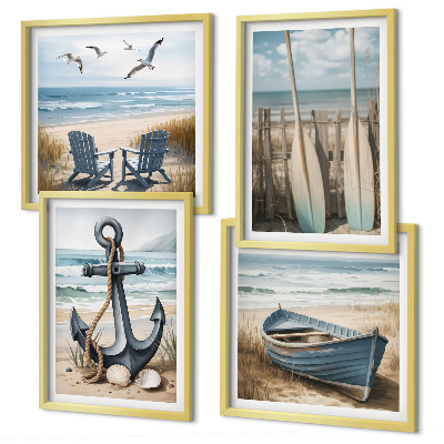 Polyptyque z cadres Ancre bateau rames plage