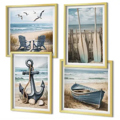 Tableau polyptyque 2 cadres représentant une ancre de bateau avec des rames sur la plage