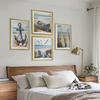 Tableau polyptyque 2 cadres représentant une ancre de bateau avec des rames sur la plage