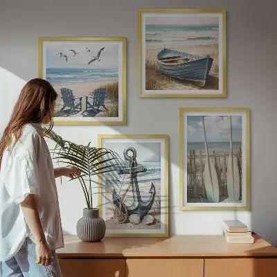 Tableau polyptyque 2 cadres représentant une ancre de bateau avec des rames sur la plage