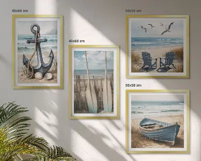 Tableau polyptyque 2 cadres représentant une ancre de bateau avec des rames sur la plage