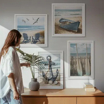 Tableau polyptyque 2 cadres représentant une ancre de bateau avec des rames sur la plage