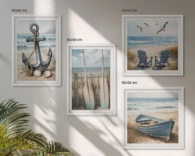 Tableau polyptyque 2 cadres représentant une ancre de bateau avec des rames sur la plage