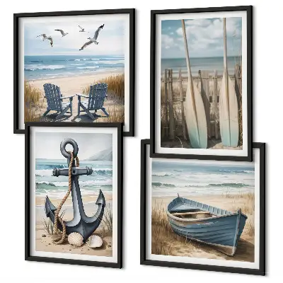 Tableau polyptyque 2 cadres représentant une ancre de bateau avec des rames sur la plage