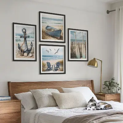 Tableau polyptyque 2 cadres représentant une ancre de bateau avec des rames sur la plage
