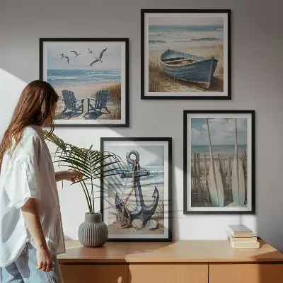 Tableau polyptyque 2 cadres représentant une ancre de bateau avec des rames sur la plage