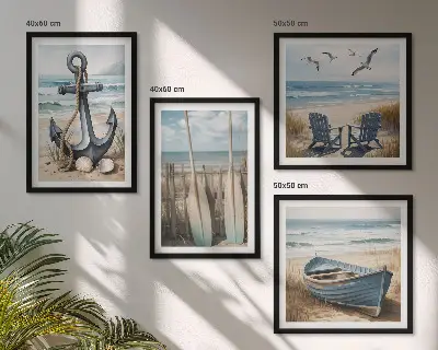 Tableau polyptyque 2 cadres représentant une ancre de bateau avec des rames sur la plage