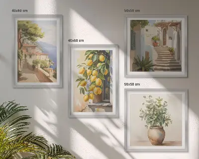 Mur de tableaux des fleurs dans un vase et une mer de citrons
