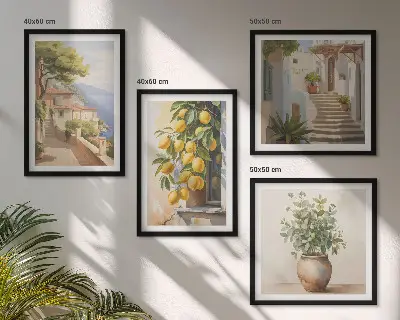 Mur de tableaux des fleurs dans un vase et une mer de citrons