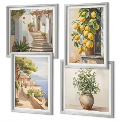 Mur de tableaux des fleurs dans un vase et une mer de citrons