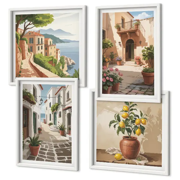 Mur de tableaux rues, maisons, plantes et pots