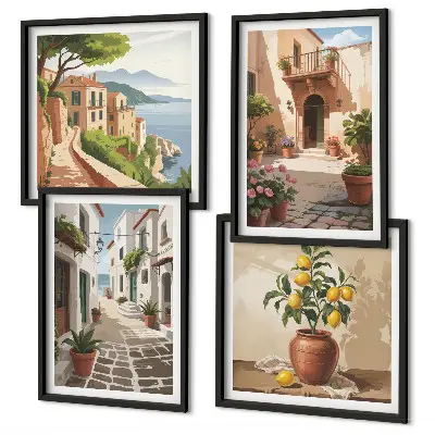 Mur de tableaux rues, maisons, plantes et pots