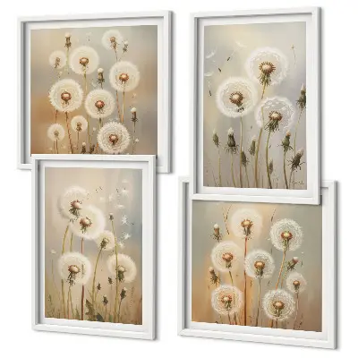 Ensemble de 4 tableaux représentant des pissenlits blancs sur fond clair